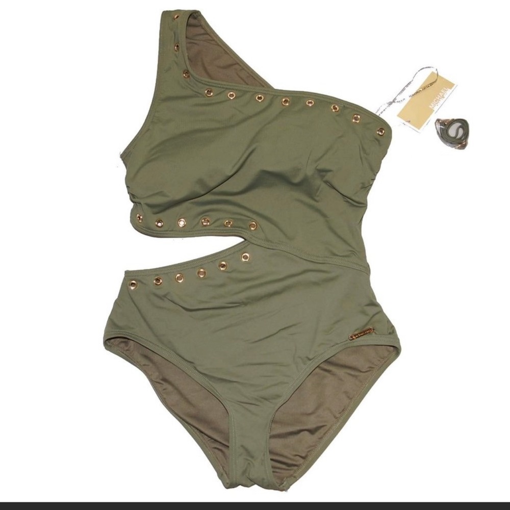 New with tags. Army green one piece with open side and gold circle details.